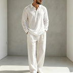 Mens Summer Clothes | 2 Piece Linen Pajama | Breathable Long Sleeve