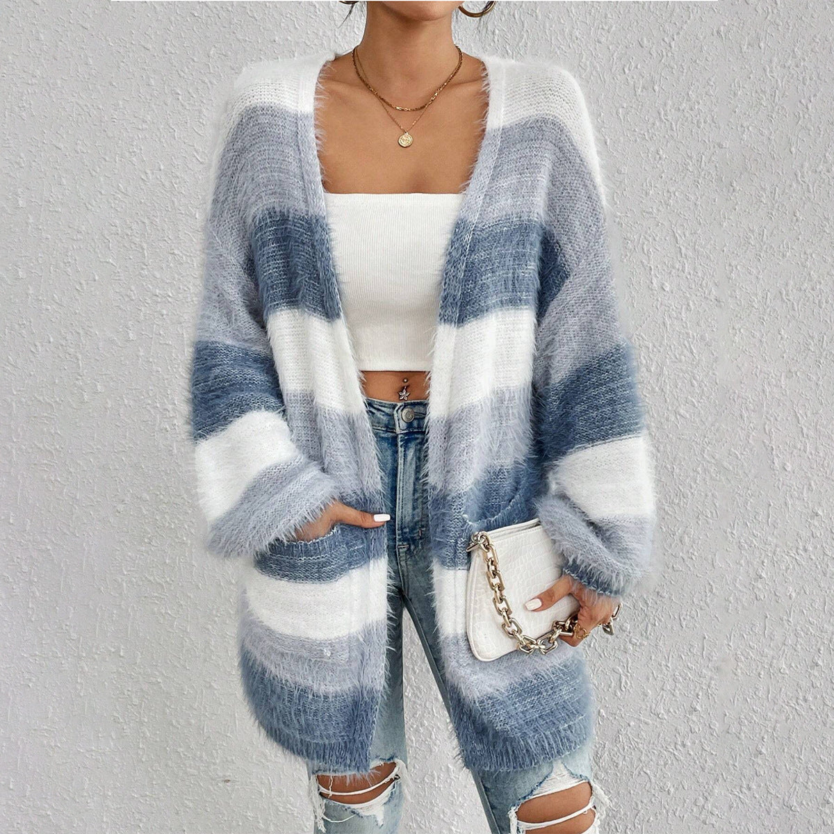 Women Oversized Cardigan Sweater Open Front Striped