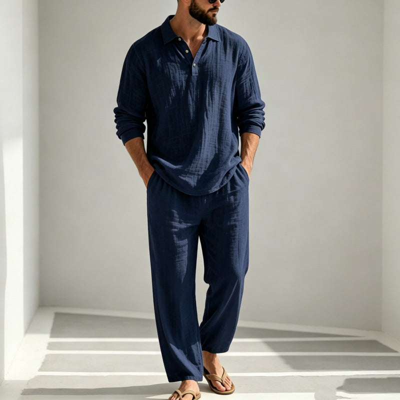Mens Summer Clothes | 2 Piece Linen Pajama | Breathable Long Sleeve