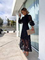 Lace Dress Women Puff Sleeve High Neck Lightweight