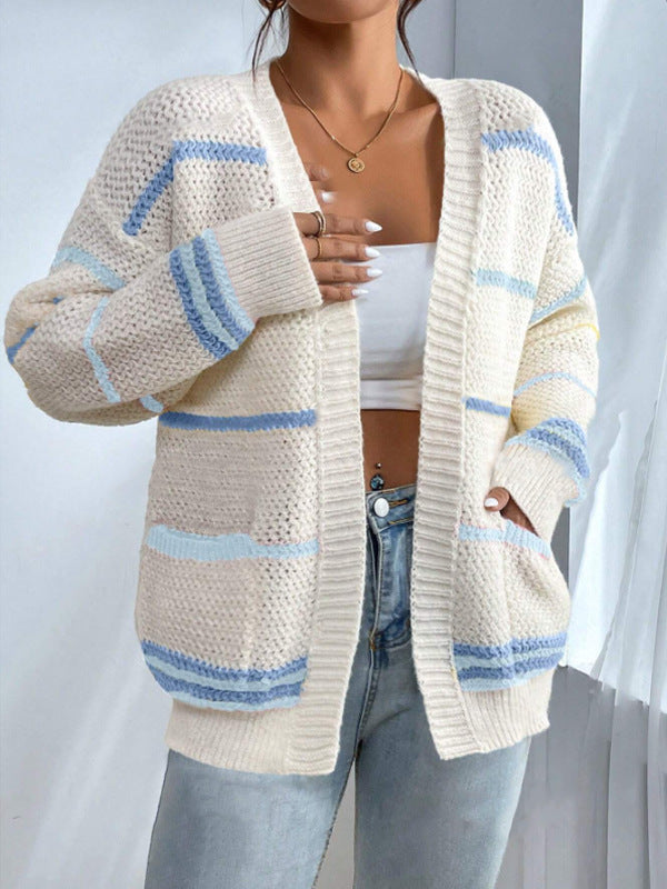 Women Knit Cardigan Oversized Open Front Striped