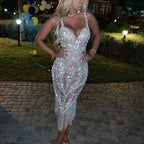 Women Sequin Dress Evening V Neck Fringe Hem Ruched Cocktail