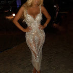 Women Sequin Dress Evening V Neck Fringe Hem Ruched Cocktail