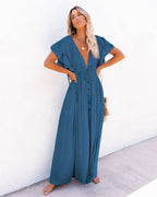 Boho Dress Women Long Flowy Button Front V Neck Short Sleeve