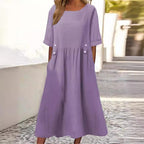 Women Linen Cotton Blend Dress Loose Fit Round Neck Midi | Vada