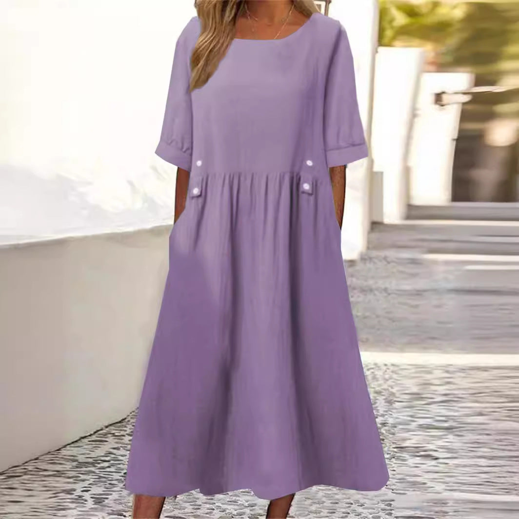 Women Linen Cotton Blend Dress Loose Fit Round Neck Midi | Vada