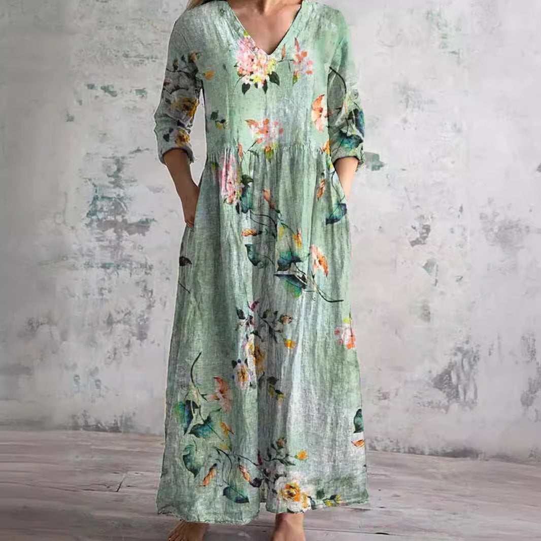 Floral Dress Women V Neck Print Lightweight Breathable Fabric