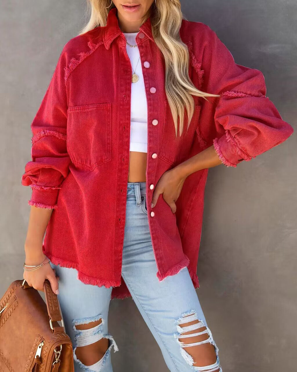 Women Denim Jacket Oversized Fringe Detail
