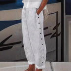 Women Linen Cotton Striped Pants Button Accent