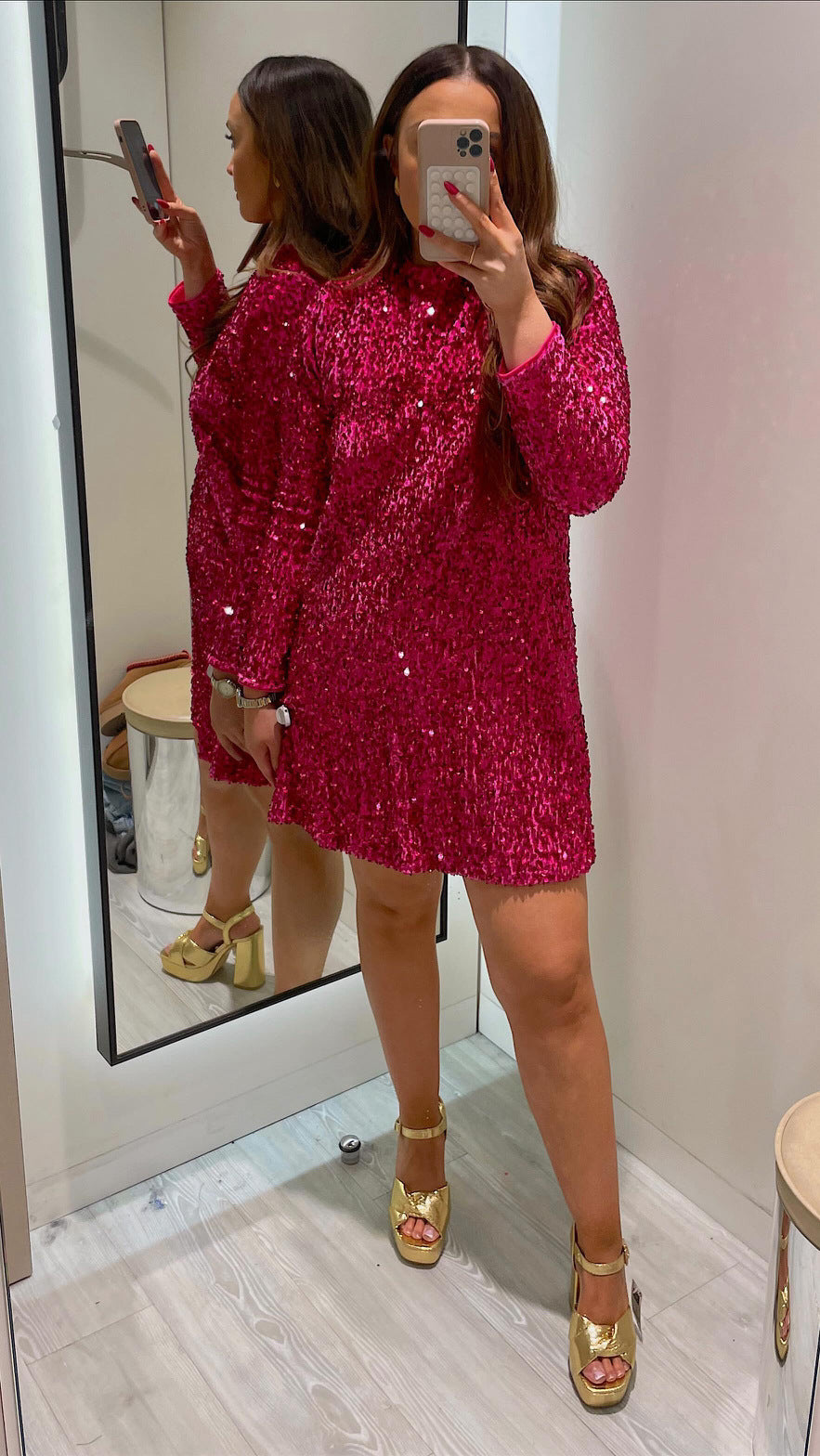 Sequin Dress Women Long Sleeve Round Neck Fitted