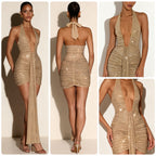 Sequin Dress Women Champagne Gold Deep V Neck Mini Dress