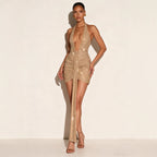Sequin Dress Women Champagne Gold Deep V Neck Mini Dress