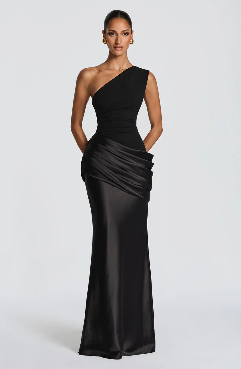 Long Maxi Dress Women One Shoulder Asymmetric Neckline Draped
