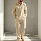 Mens Summer Clothes | 2 Piece Linen Pajama | Breathable Long Sleeve