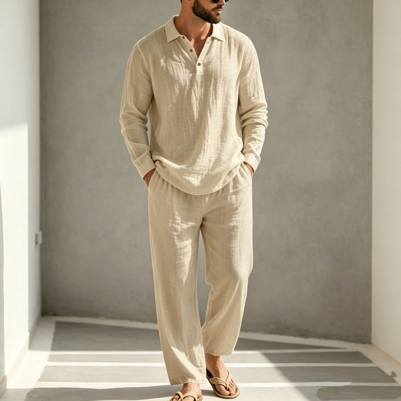 Mens Summer Clothes | 2 Piece Linen Pajama | Breathable Long Sleeve