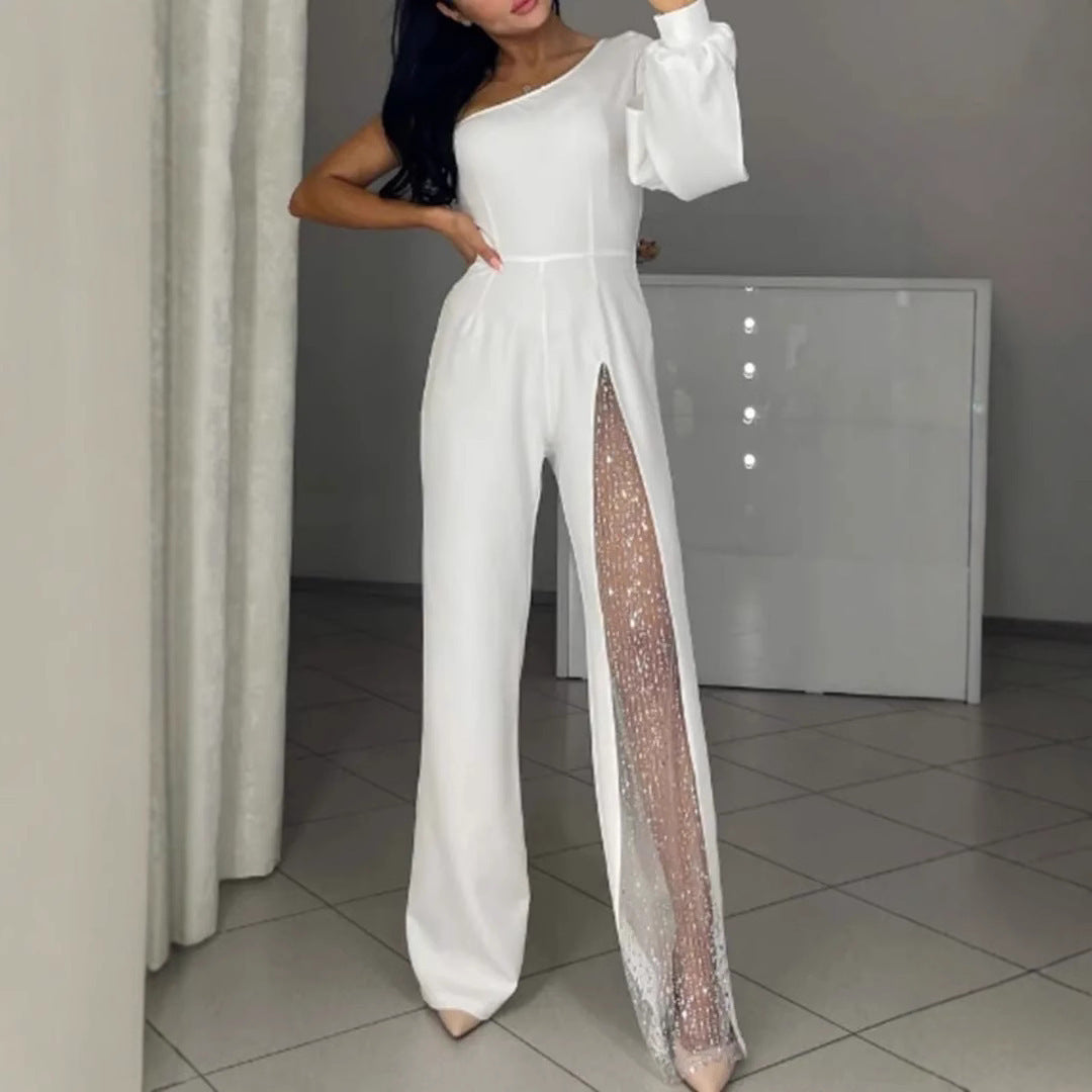 Women Sequin Panel One Shoulder Jumpsuit Wide Leg