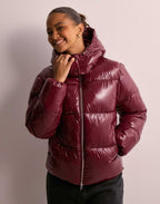 Xanthe | Women's Quilted Jacket | Removable Hood, Shiny | Black & Burgundy