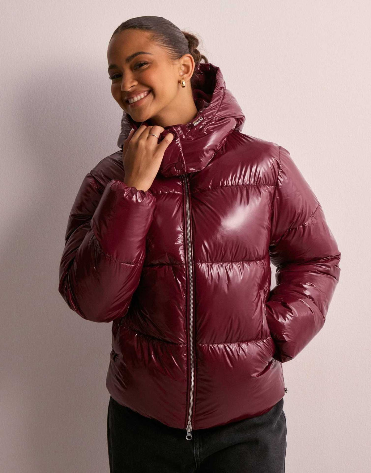 Xanthe | Women's Quilted Jacket | Removable Hood, Shiny | Black & Burgundy