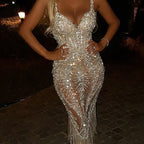 Women Sequin Dress Evening V Neck Fringe Hem Ruched Cocktail