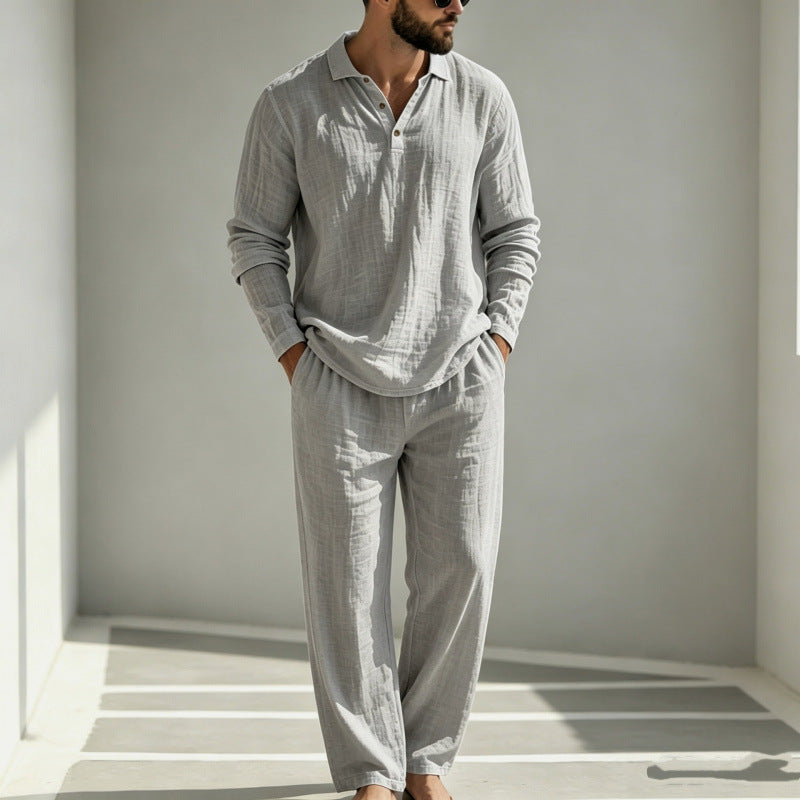 Mens Summer Clothes | 2 Piece Linen Pajama | Breathable Long Sleeve