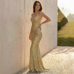 Sequin Dress Women Gold Off Shoulder Figure Hugging Flared Skirt