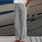 Women Linen Cotton Striped Pants Button Accent