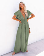 Boho Dress Women Long Flowy Button Front V Neck Short Sleeve