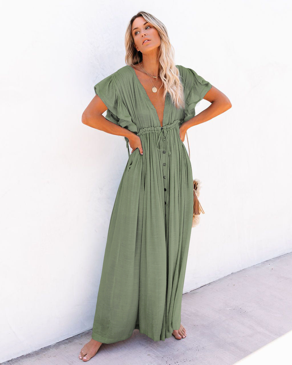 Boho Dress Women Long Flowy Button Front V Neck Short Sleeve