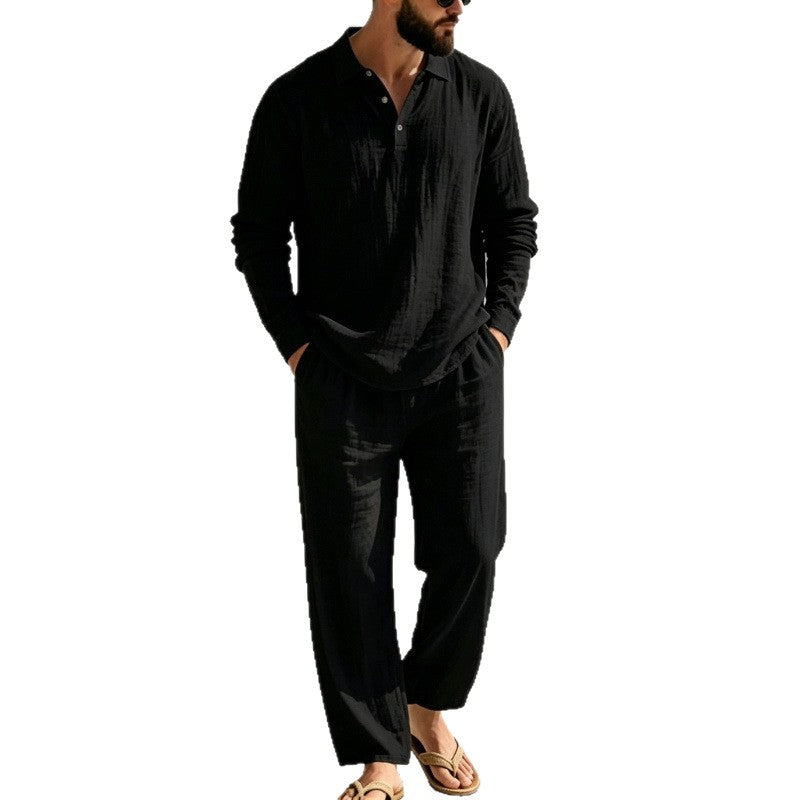 Mens Summer Clothes | 2 Piece Linen Pajama | Breathable Long Sleeve