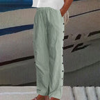 Women Linen Cotton Striped Pants Button Accent