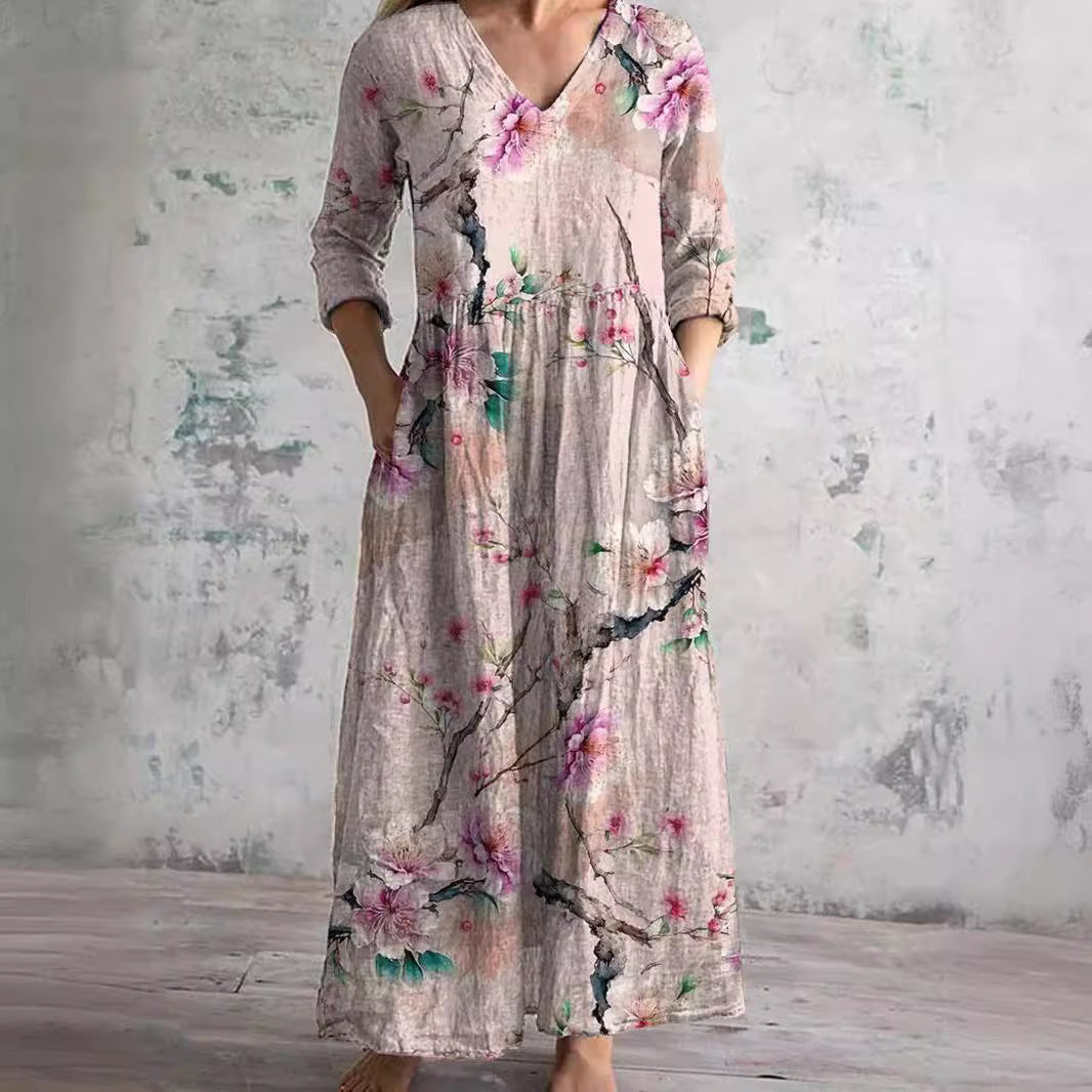 Floral Dress Women V Neck Print Lightweight Breathable Fabric