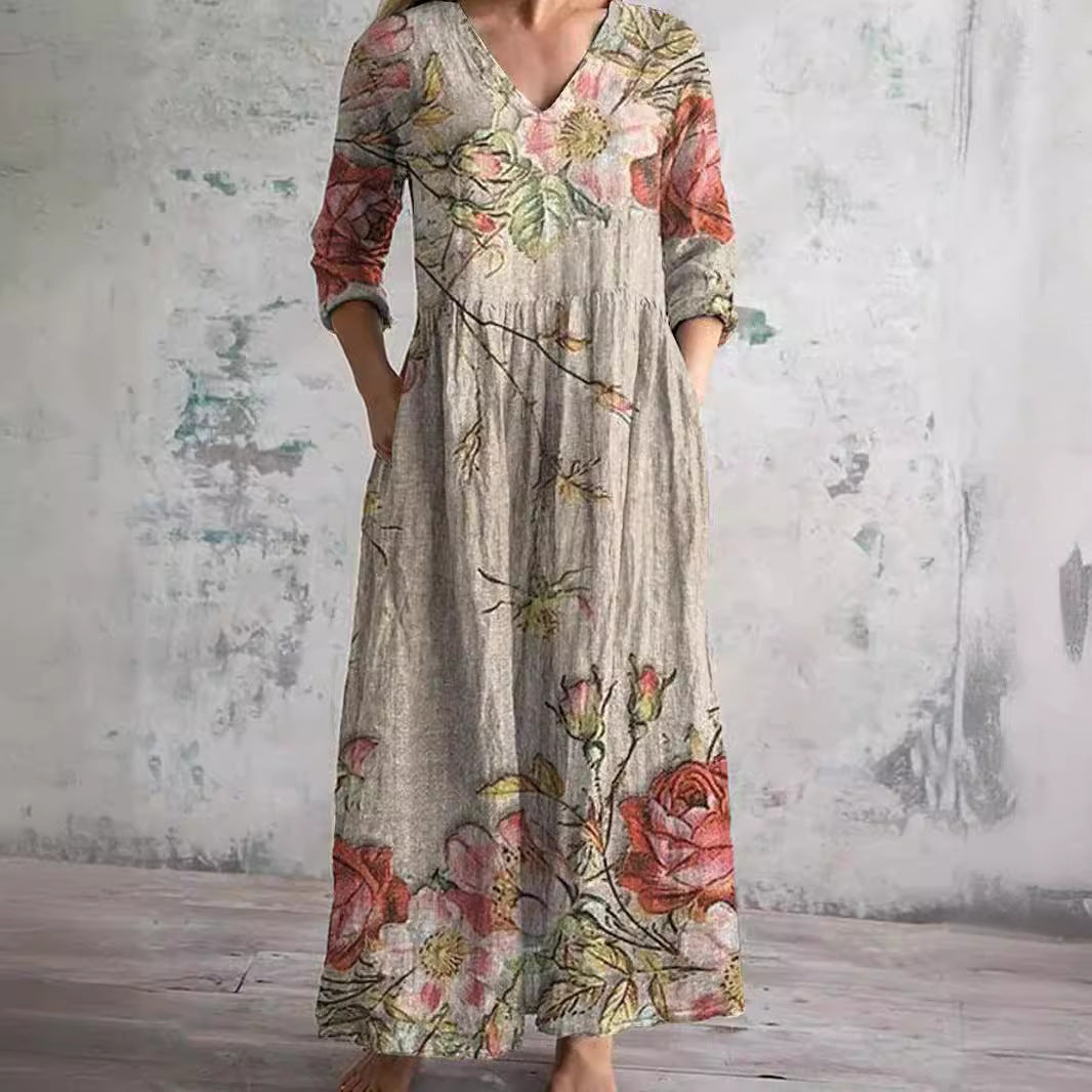 Floral Dress Women V Neck Print Lightweight Breathable Fabric