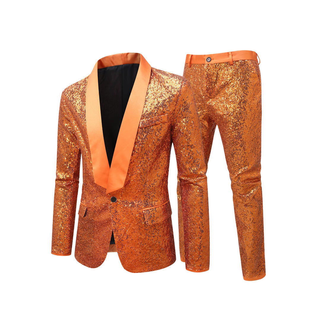 Sequin Suit Men Slim Fit Sparkly Orange Blazer Trousers Set Shiny