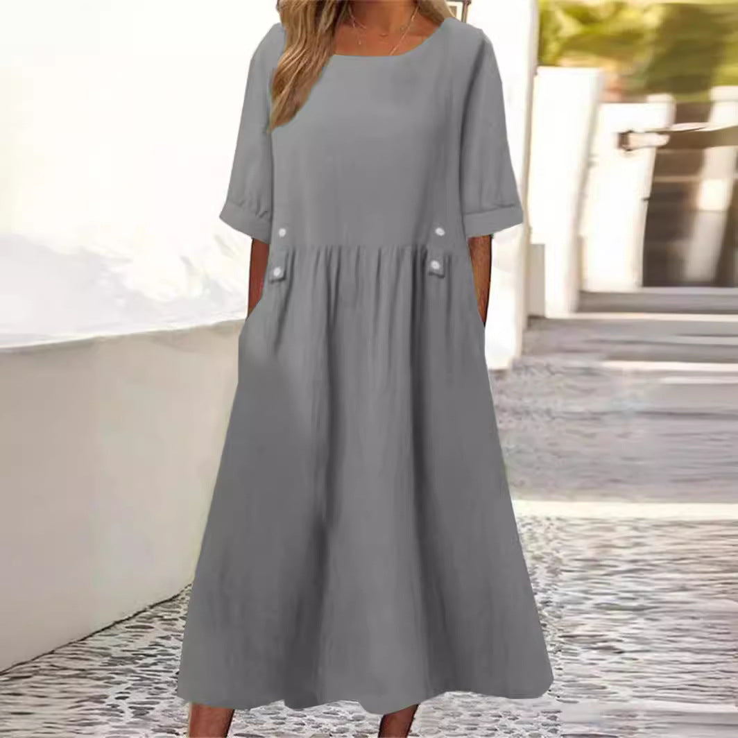 Women Linen Cotton Blend Dress Loose Fit Round Neck Midi | Vada