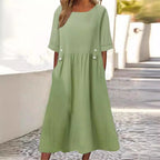 Women Linen Cotton Blend Dress Loose Fit Round Neck Midi | Vada