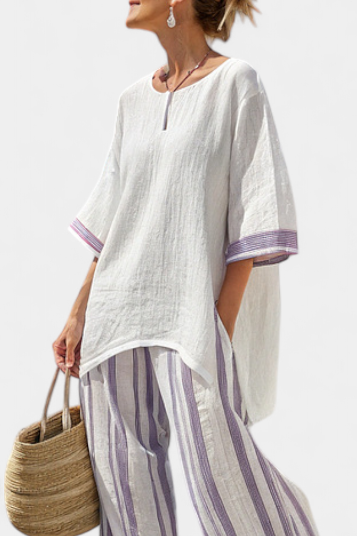 Women 2 Piece Bamboo Blouse Wide Leg Striped Trousers Set