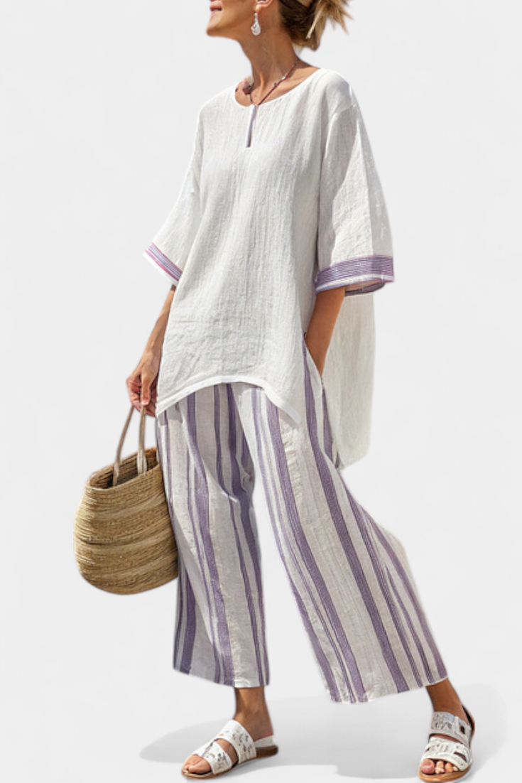 Women 2 Piece Bamboo Blouse Wide Leg Striped Trousers Set