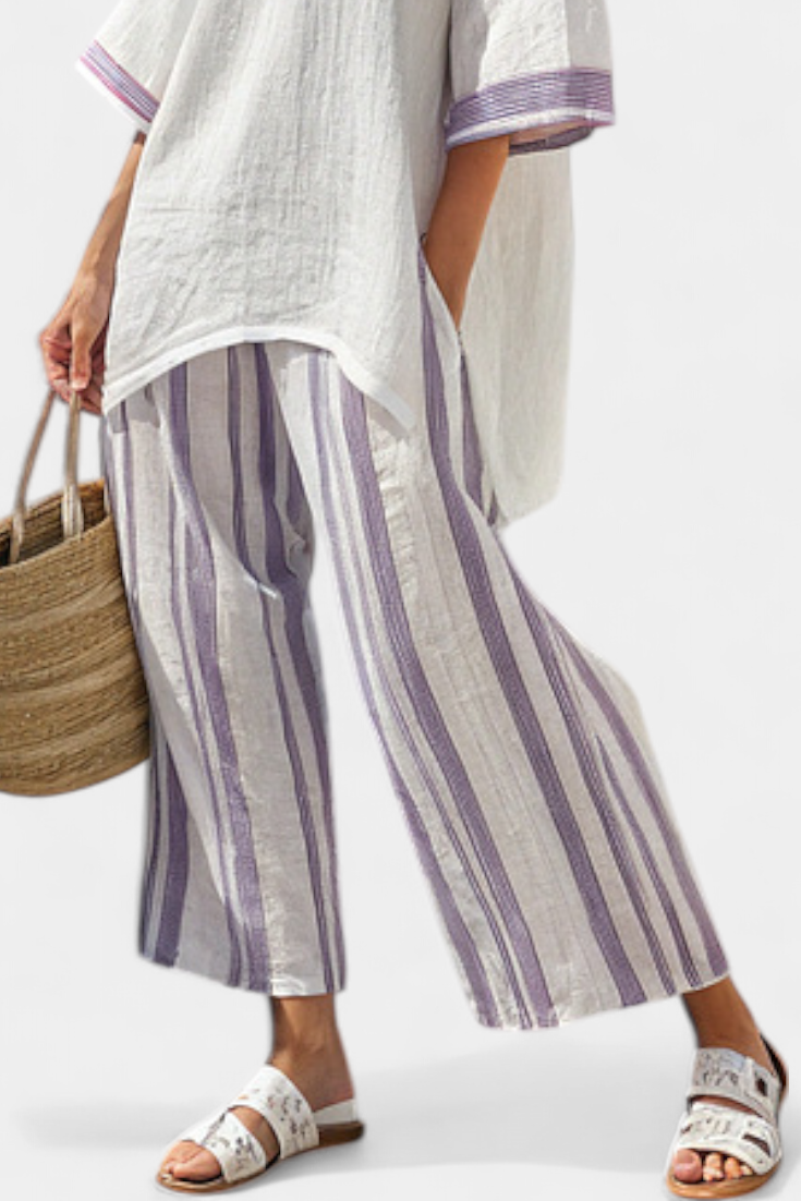 Women 2 Piece Bamboo Blouse Wide Leg Striped Trousers Set