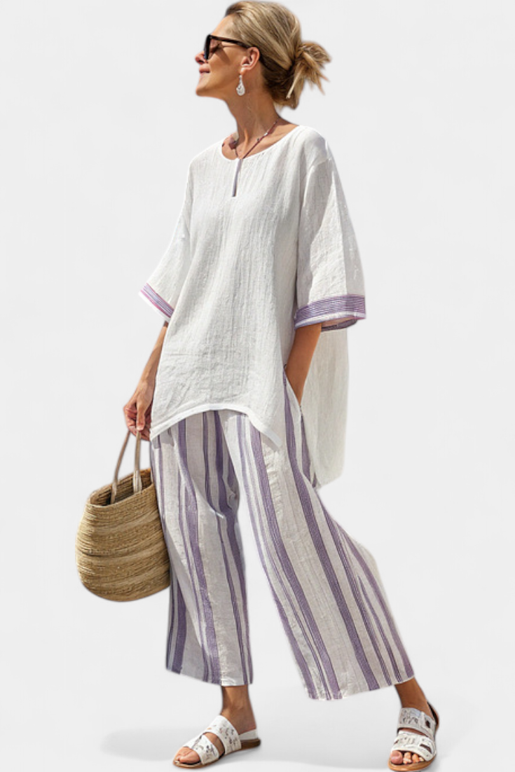 Women 2 Piece Bamboo Blouse Wide Leg Striped Trousers Set
