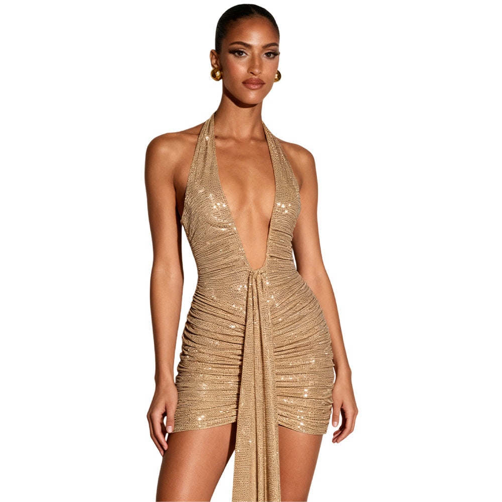 Sequin Dress Women Champagne Gold Deep V Neck Mini Dress