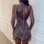Women Sequin Dress Mini Length Fringe Trim Sparkly Glitter Fitted