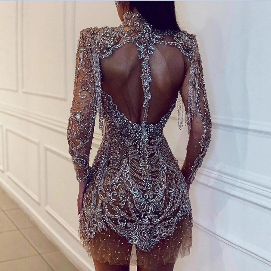 Women Sequin Dress Mini Length Fringe Trim Sparkly Glitter Fitted