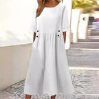 Women Linen Cotton Blend Dress Loose Fit Round Neck Midi | Vada