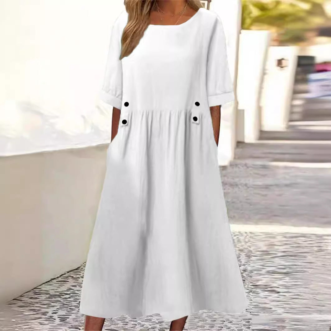 Women Linen Cotton Blend Dress Loose Fit Round Neck Midi | Vada