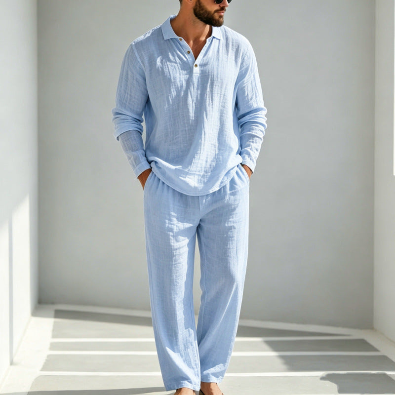 Mens Summer Clothes | 2 Piece Linen Pajama | Breathable Long Sleeve