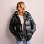 Xanthe | Women's Quilted Jacket | Removable Hood, Shiny | Black & Burgundy