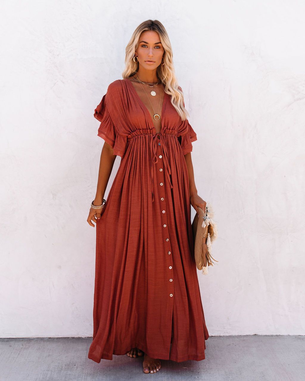 Boho Dress Women Long Flowy Button Front V Neck Short Sleeve