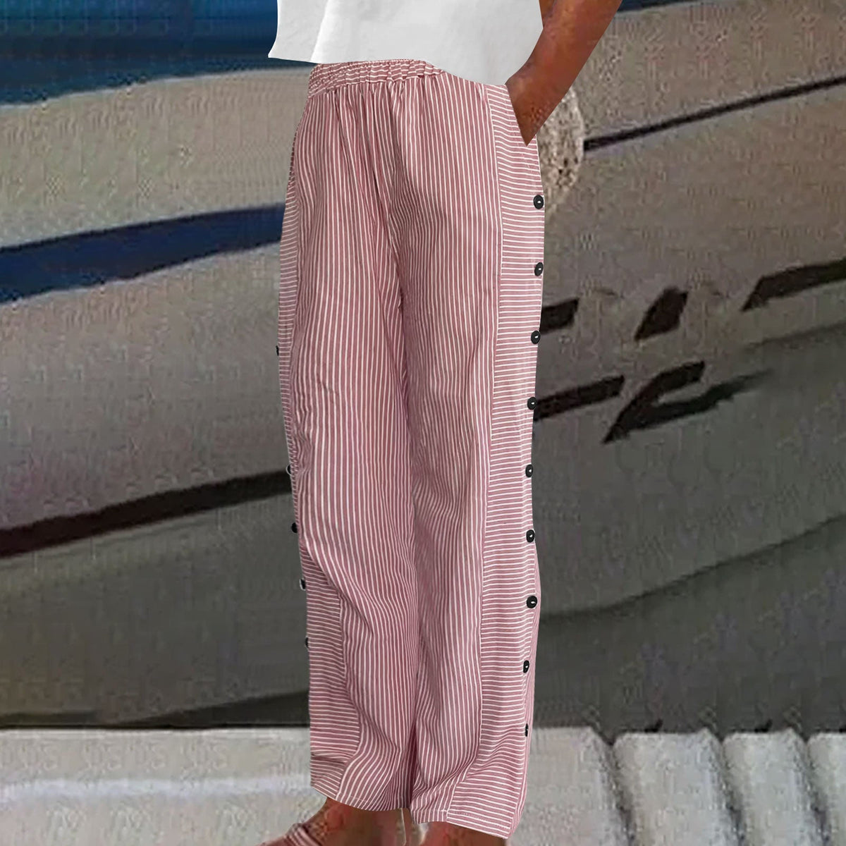 Women Linen Cotton Striped Pants Button Accent