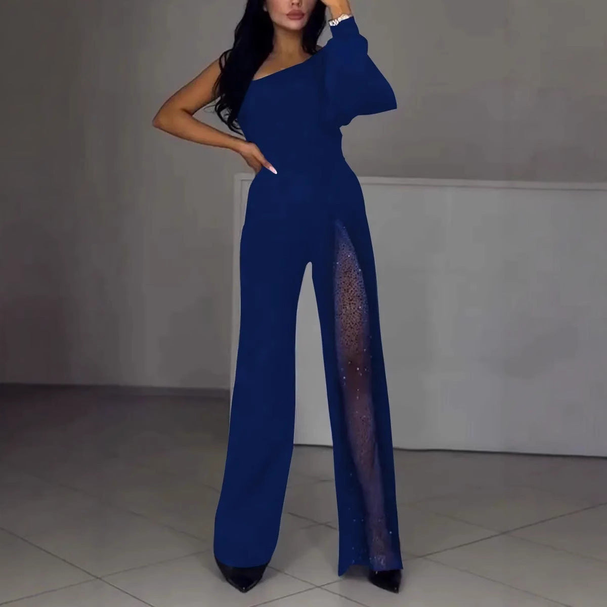 Women Sequin Panel One Shoulder Jumpsuit Wide Leg