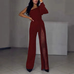 Women Sequin Panel One Shoulder Jumpsuit Wide Leg